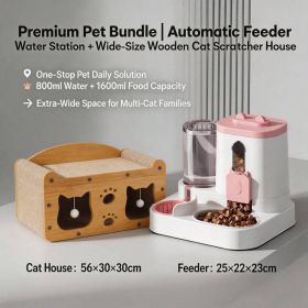 Cat Furniture Combo Set, 3 Style Multi Size Wooden Cat Scratcher House And 2 In One Pink White Automatic Feeder Water Dispenser 1600ml Food 800ml (Option: S FAD BLUE MD CAT1)